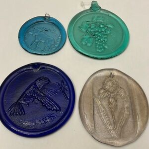 4 pressed glass suncatchers- moose flowers,grapes,bird, nature.